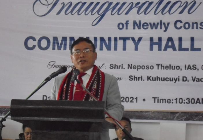 Commissioner & Secretary, RD, Neposo Theluo, IAS addressing the inauguration of newly constructed community hall at Upper Khomi village on February 13. (DIPR Photo)